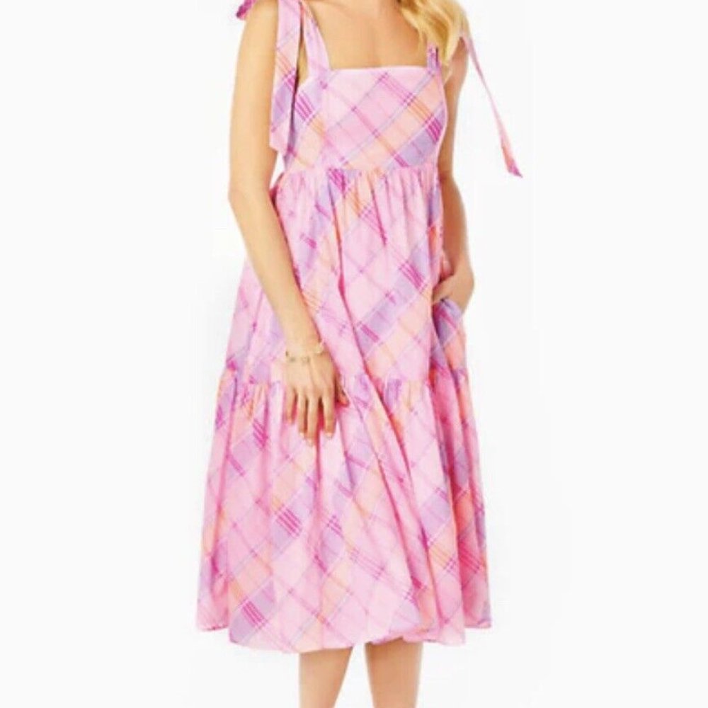 NWT - Lilly Pulitzer Anlee Cotton Midi Dress Pink Isle Madras Plaid - Size 0
